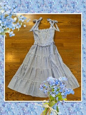 Blue Striped Tie-Shoulder Smocked Kids Dress